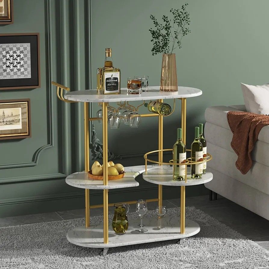 Gold Bar Carts with 4 Tier Storage Shelves, Mobile Bar Serving Cart with Wine Rack and Glass Holder, for The Home, Kitchen, Living Room, Dining Room