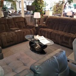 Brand New Brown Linen Manual Reclining Sofa + Loveseat With Cup Holders