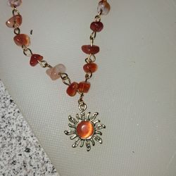 Gold Over 925 Sterling Silver Carnelian And Amber Stone Sun Necklace 