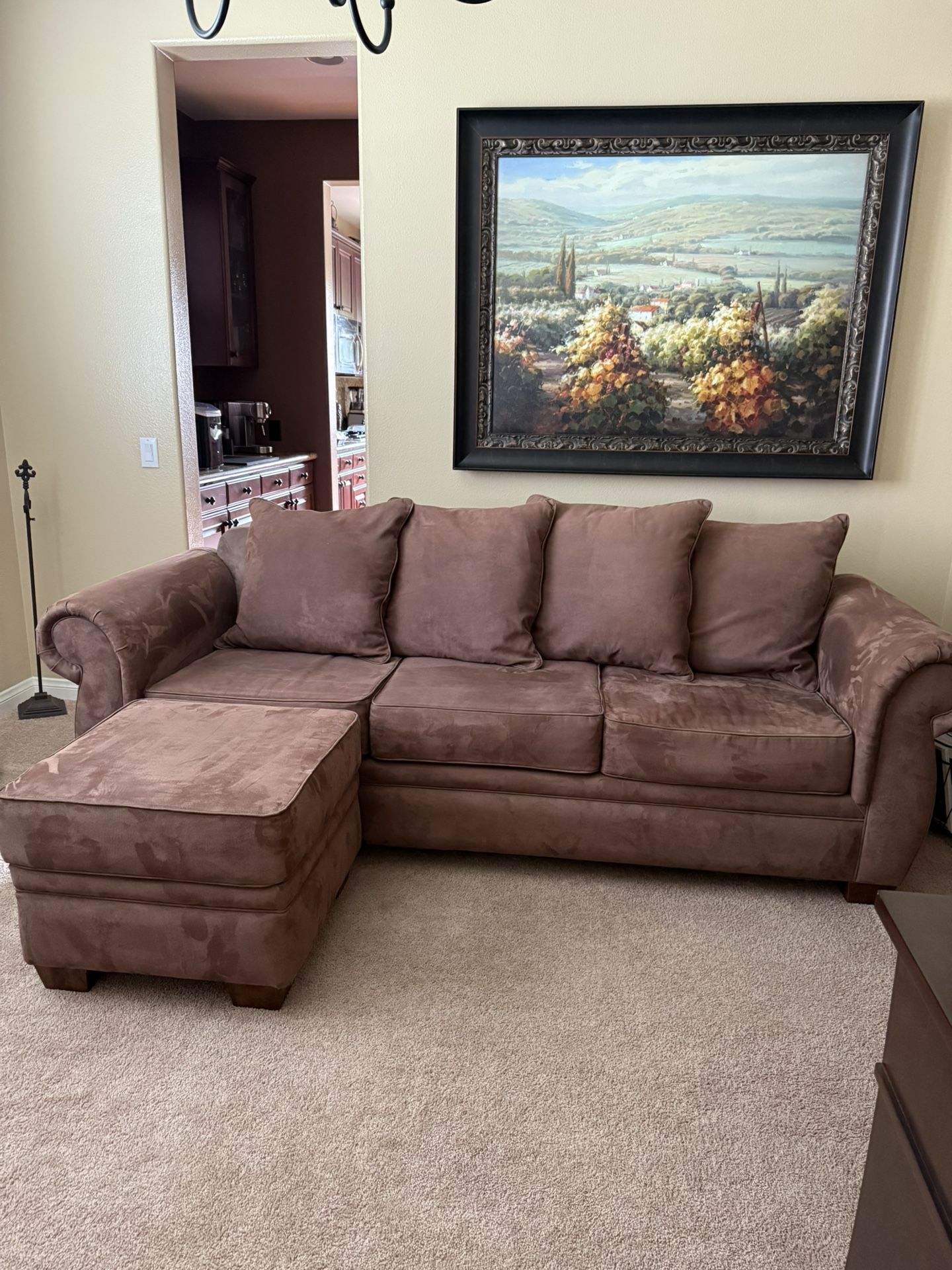 Couch and chair brown suede with ottoman