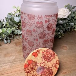 Pink Coquette Bow Frosted Glass Cup | 16oz Cute Valentine Aesthetic Can Glass | Heart Bow Iced Coffee Cup | Gift for Her