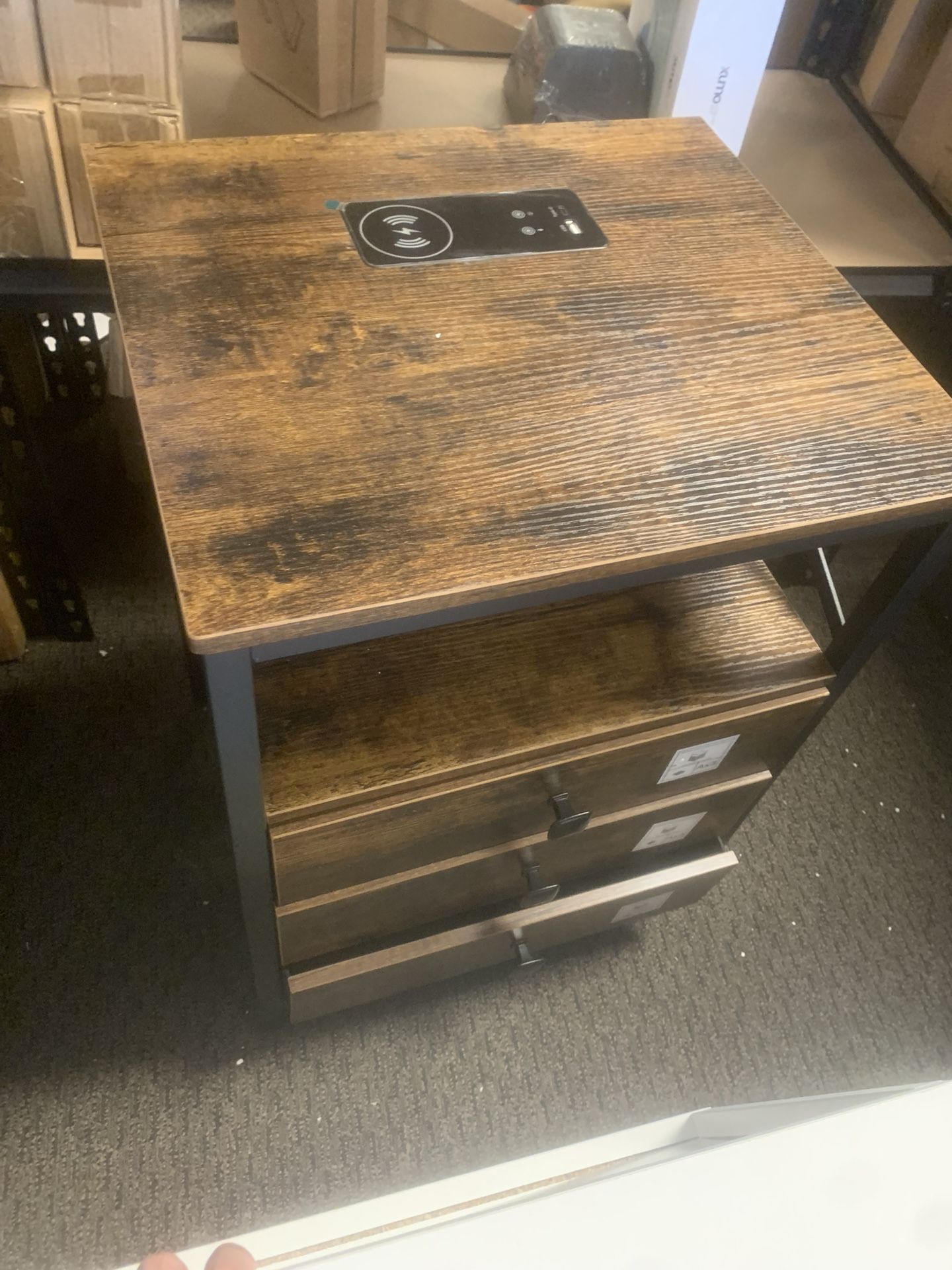 LED Nightstand with Charging Station, End Side Tables with USB Port & Outlet, Bedside Tables with Fabric Drawers for Bedroom Living Room, Rustic Brown