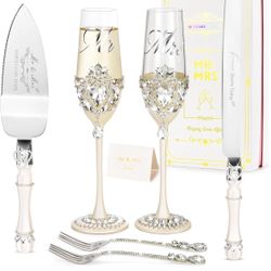 Bekesin Wedding Cake Knife and Server Set, Luxury Handcrafted Crystal Champagne Flutes with Silver Petal Rhinestones and Pendant, Cake Cutting Set 