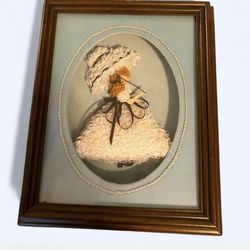 VTG ANTIQUE FRAMED LACE,RIBBON,DOLL GIRL IN OLD DRESS PICTURE ART