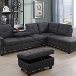 New Dark Gray Sectional Sofa Charcoal Couch With Free Storage Ottoman And Pillows 