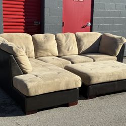 Tan & Brown Sectional Couch with Ottoman - Free Curbside Delivery! 