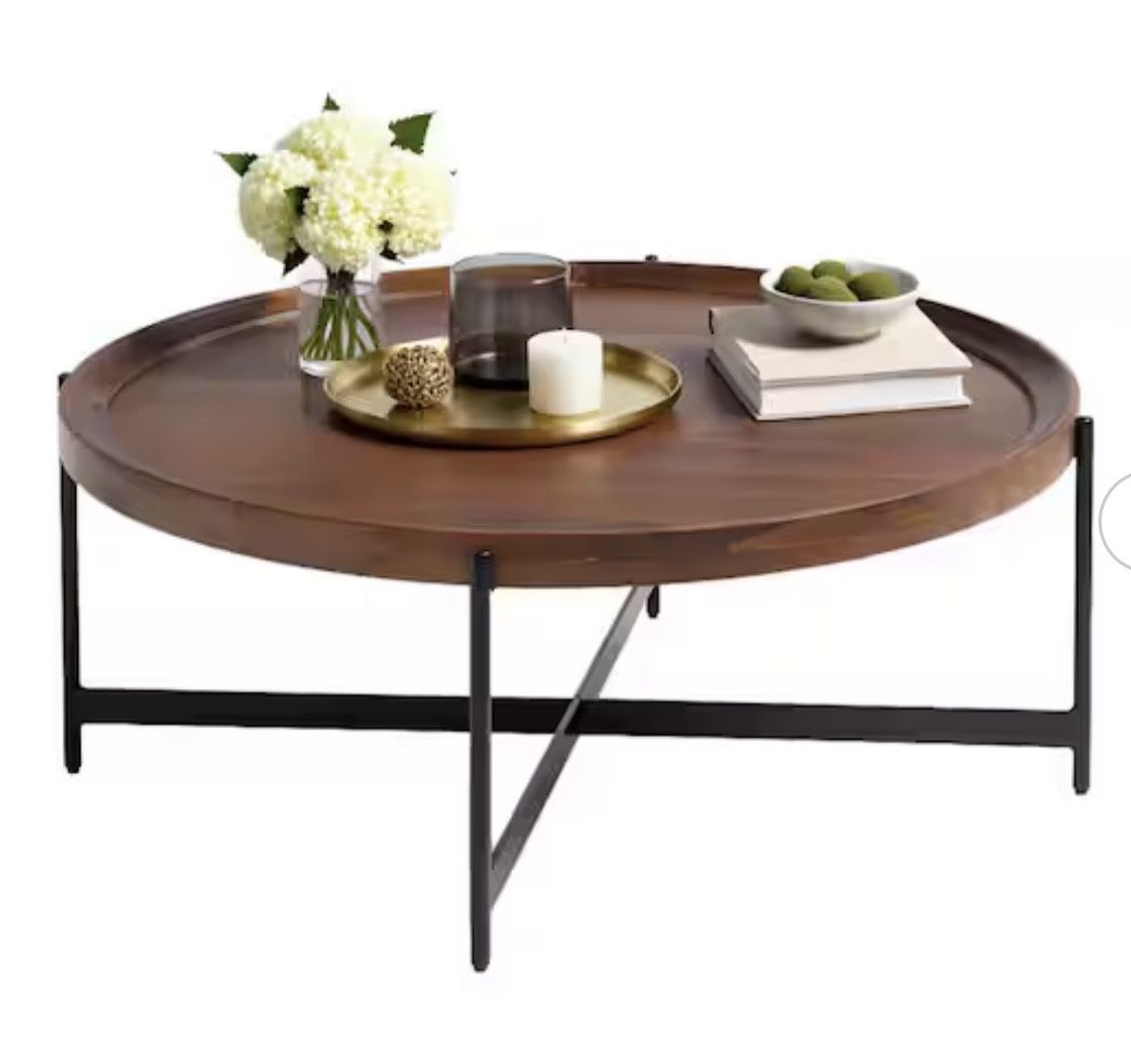 Brookline 42 in. Solid Acacia Wood Round Coffee Table with Black Metal Legs, Rustic Industrial Living Room Furniture