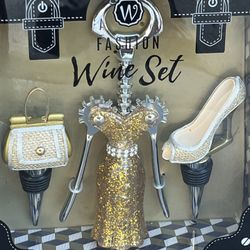 New- 3 Piece Fashion Christmas Glam Wine Opener Set- Gold And Silver Tones- Purse And Shoe And Dress Design