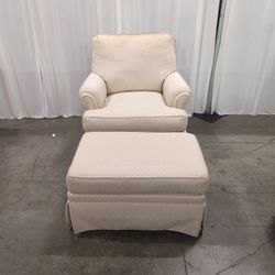 Ethan Allen Cream Patterned Upholstered Armchair with Ottoman