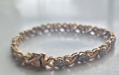 925 Sterling Silver Gold Vermeil X-Link Bracelet w/ CZ Diamond Accents 16g 7.5"