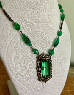 Antique Art Deco Brass Emerald Green Prism Glass Necklace