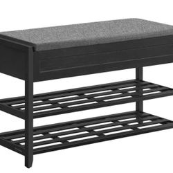 SONGMICS Storage Bench, Bamboo Shoe Rack, Entryway Furniture, 39.5 Inces Wide, Hidden Storage Compartments, 2-Tier Shoe Shelves