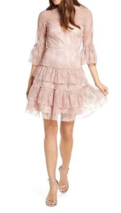 NWT Eliza J Blush Pink Lace A Line Ruffle Pleated Dress Sz 8