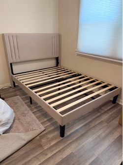 Full-Size Upholstered Platform Bed Frame – Beige Headboard