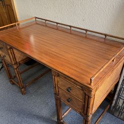 Vintage Bamboo & Rattan Writing Desk – Boho Coastal Style – Solid Wood Top 