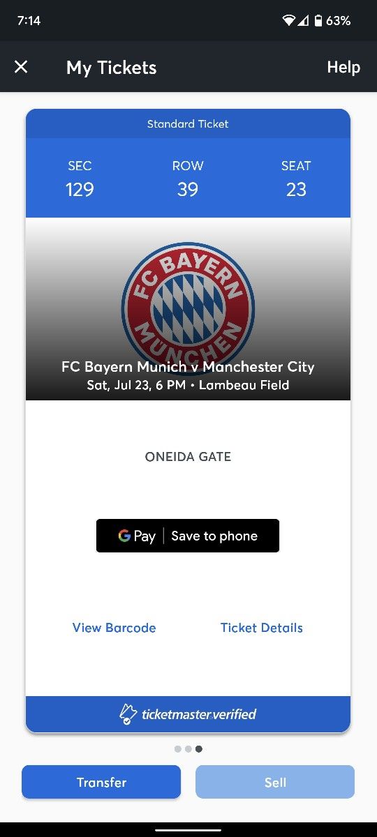 1 Ticket Manchester City VS Bayern Munich