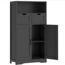 Iwell Large Storage Cabinet, Bathroom Cabinet with 2 Drawers & 2 Shelves, Bathroom Floor Cabinet with 2 Doors for Living Room, Kitchen, Black