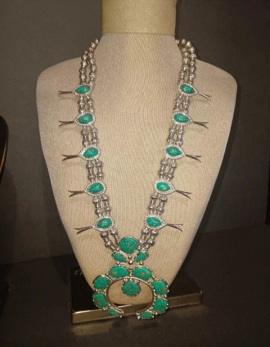 Vtg 70s Necklace Squash Blossom Faux Turquoise Matrix  22" Hobe Costume Jewelry