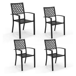 NEW PHI VILLA Metal Stackable Black Outdoor Dining Patio Chairs (Set of 4)