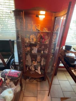 Vintage Wood Curved Glass Curio Cabinet