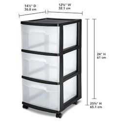 Sterilite 3 -Drawers Black Rolling Plastic Storage Storage drawer 