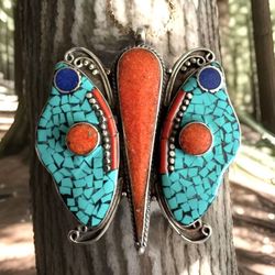   Stunning Handcrafted Colorful Butterfly Theme Pendant inlay stone set in Tibetan sterling silver 3”inch tall🔥
