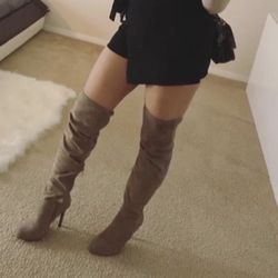 Mocha Heeled Velour Thigh High Boots Size 7