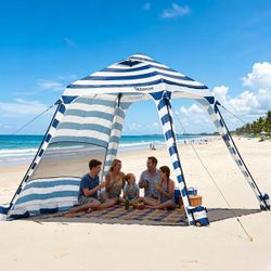 10x10 FT Beach Cabana Canopy UPF50+ Windproof Sun Shelter Includes 4 Sandbags Sand and Ground Stakes for Beach Camping Tailgating Blue Stripes No Side