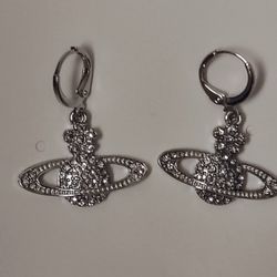 Saturn Orb Earrings, Silvertone With Crystal Accents