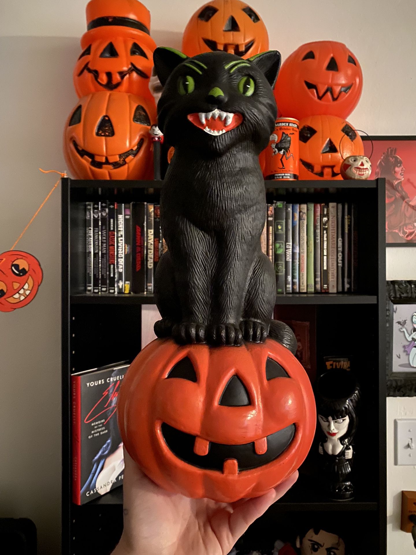 Vintage Repro Halloween Blow Mold Black Cat On Pumpkin