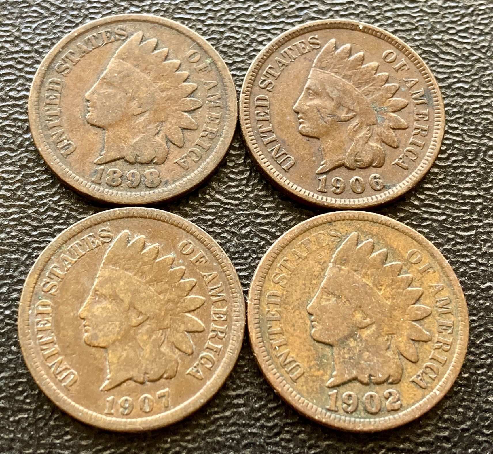 Four (4) Indian Head Pennies Vintage Penny Antique US Cent Coins Over 100 Years Old