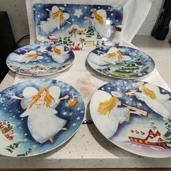 Christmas Angel Plates And Trey 