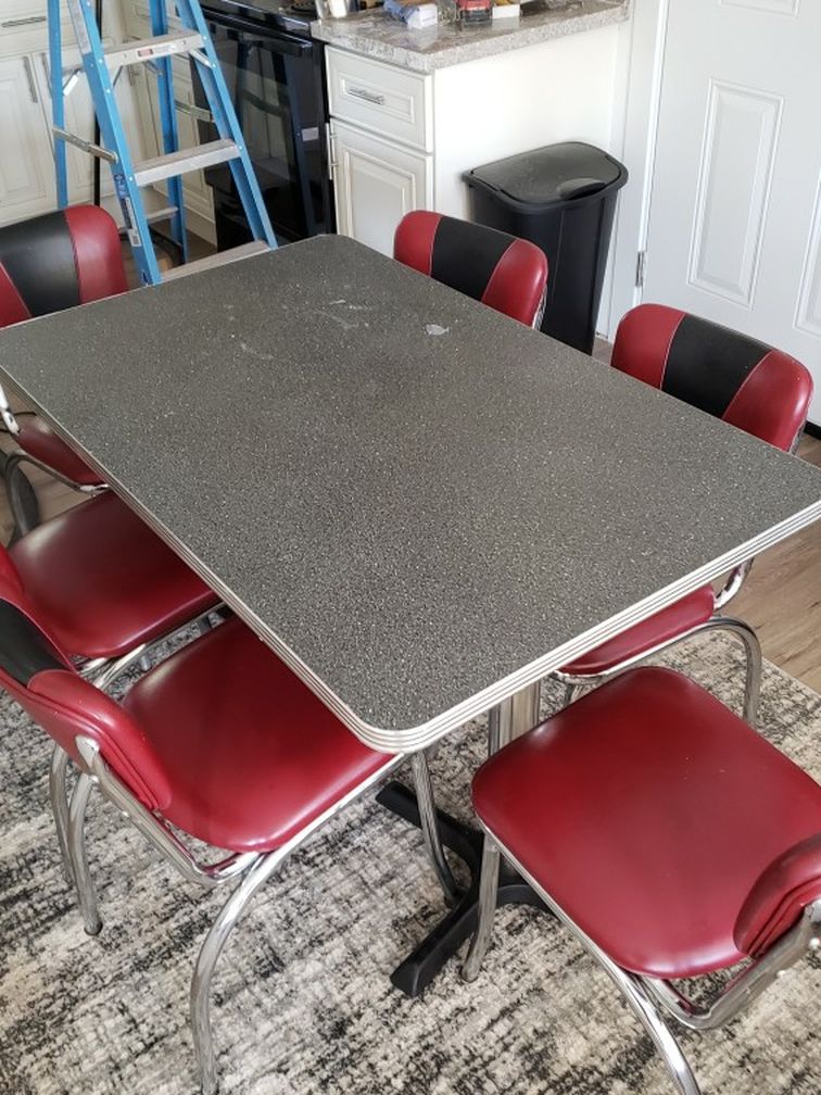 Original Diner Table And 6 Chairs Set, Chrome And Black