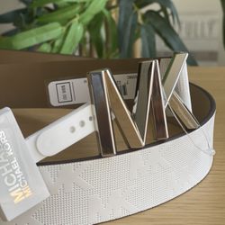 White MK Pattern Belt With Silver MK Buckle Size M