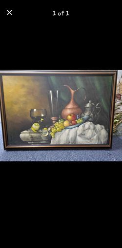 Vintage framed still life painting w/fruit and pitchers