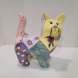 Vintage Rainbow Cat Piggy Bank Alice in Wonderlandesque Artsy Whimsical Abstract