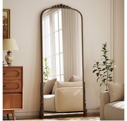 Easly Arched Full Length Mirror, 28'' x 69'' Bronze Floor Body Mirror with Stand, Vintaged Elegant Carved Frame Mirror Full Length for Wall Decor, Liv