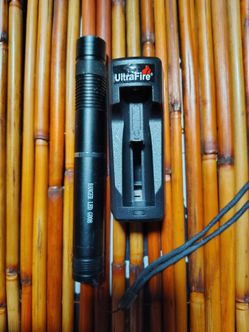Ranger LED G008 pen-style flashlight alongside an UltraFire single-bay battery charger