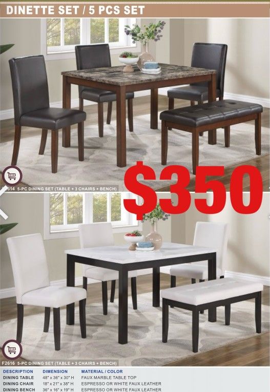 5 piece dining set. Assembly required.  Assembly not included.  Tax included.  Free local delivery.  