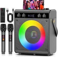 Bluetooth Karaoke Machine Speaker with 2 Wireless Mics LED Party Sound System