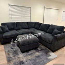 ✅️✅️️✅️4 pc Black  cordury fabric upholstered sectional sofa with ottoman✅️✅️