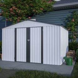 10X8 FT Outdoor Storage Shed, All Weather Metal Sheds with Lockable Doors, Tool Shed for Garden, Patio, Backyard, Lawn, White