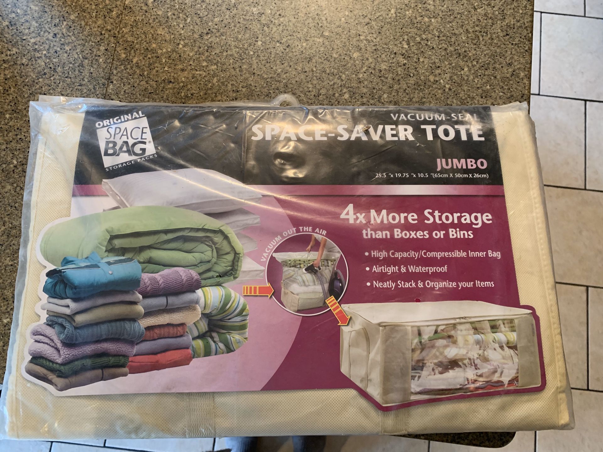 Vacuum sealed space saver tote jumbo size new in package. $5
