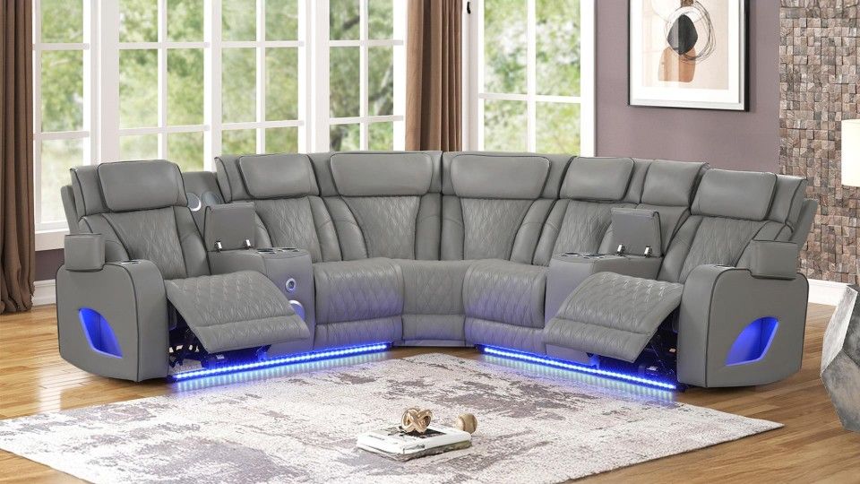 NEW💥Gray Sectional Sofa with Power Recliners, LED Lighting, Massage, and Bluetooth Speakers