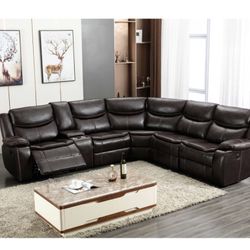 Brand New Comfy Super Plush Brown Leather Modular Reclining Sectional Sofa 