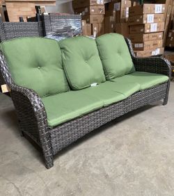 Outdoor Patio Couch Wicker Sofa - 3 Seater Rattan Sofa for Outside Patio Garden with Deep Seating and Olefin Cushions(Mixed Grey/Green)