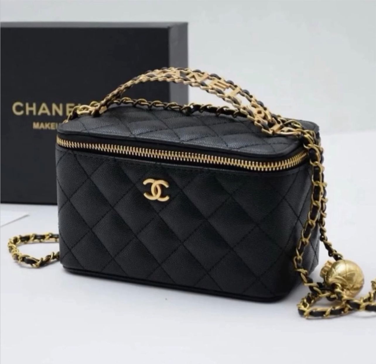 Chanel beauty black makeup vanity bag cosmetic chain included