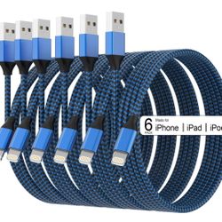 Lightning Cable iPhone 6PACK-3/3/6/6/6/10 FT Apple ,Nylon Braided Cable, Fast Charging, Blue