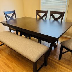  Brown Wood Farmhouse Rectangular 72-90" Extendable Dining Table With Bench + Side Chair Set For 6