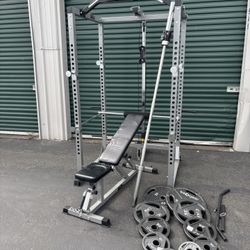Power Rack With Lat Pull Down Weights Bar Bench 